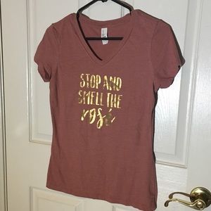 Funny Pink Wine T-Shirt "Stop and Smell The Rose" Gold Metallic V-Neck Tee Sz XS